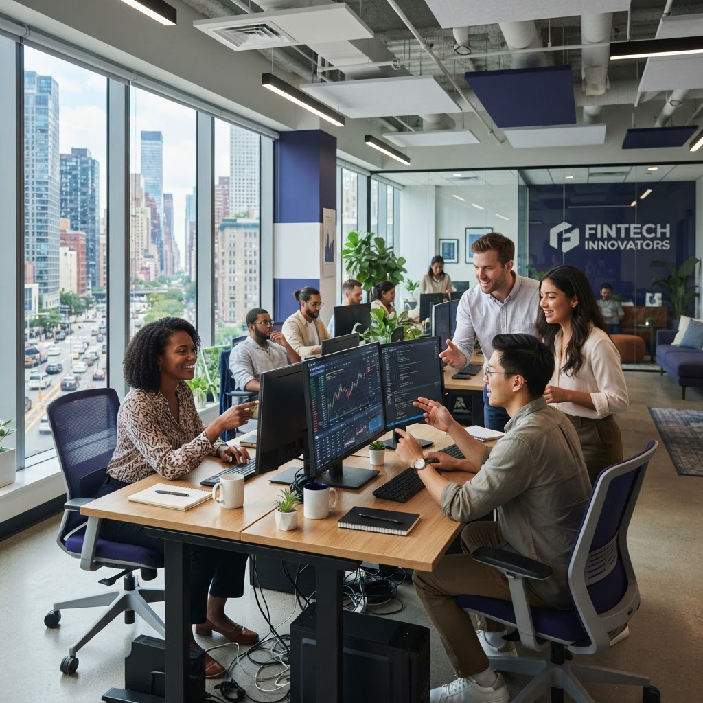 The NexoraTrade team collaborating in a modern office